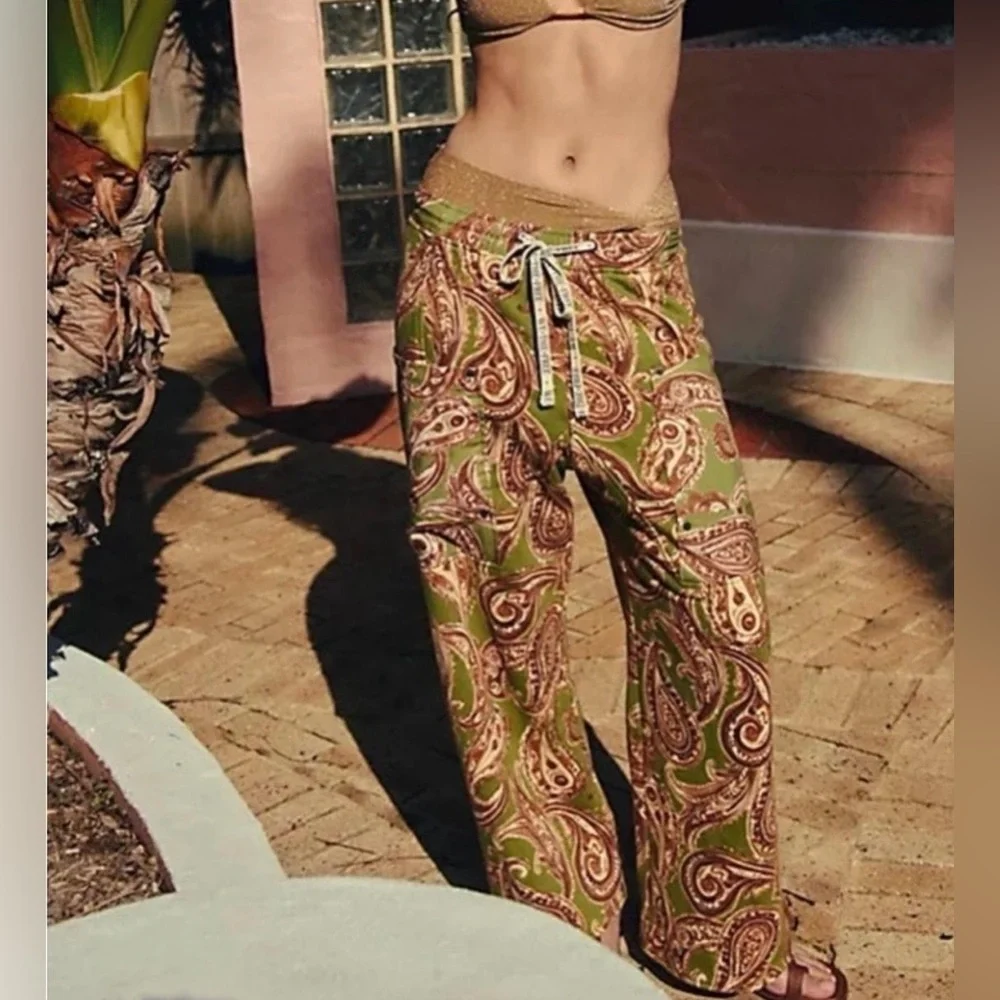 NWOT We the Free Jet Set Green Paisley Knit Pull On Pants - Picture 1 of 7